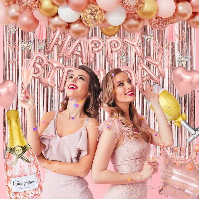 Alt view image 7 of 7 - Amandir Rose Gold Birthday Party Decorations for Women Girls | Rose Gold Pink Confetti Foil Balloons, Butterfly, Fringe Curtain, Happy Birthday Banner, Cake Topper for Supplies Decor