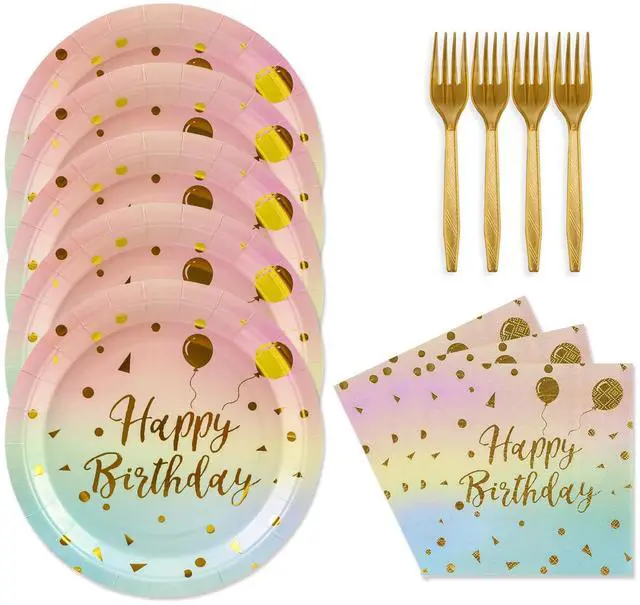 Main image of 48PCS Happy Birthday Plates and Napkins Party Supplies, Colorful and Gold Disposable Paper Plates and Napkins with Forks Tableware Set for Birthday Party Decorations 16 Guests (Colorful)