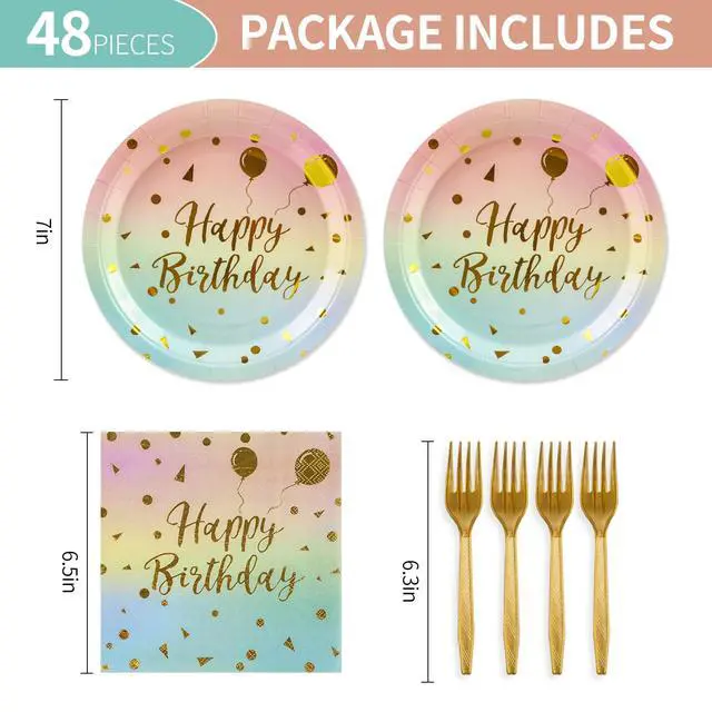 Alt view image 2 of 7 - 48PCS Happy Birthday Plates and Napkins Party Supplies, Colorful and Gold Disposable Paper Plates and Napkins with Forks Tableware Set for Birthday Party Decorations 16 Guests (Colorful)