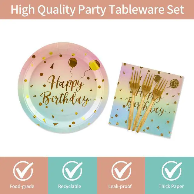 Alt view image 3 of 7 - 48PCS Happy Birthday Plates and Napkins Party Supplies, Colorful and Gold Disposable Paper Plates and Napkins with Forks Tableware Set for Birthday Party Decorations 16 Guests (Colorful)