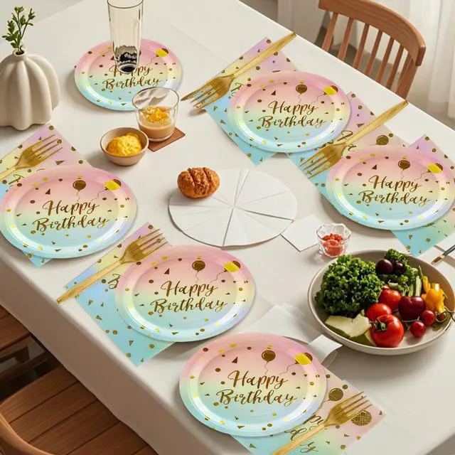 Alt view image 6 of 7 - 48PCS Happy Birthday Plates and Napkins Party Supplies, Colorful and Gold Disposable Paper Plates and Napkins with Forks Tableware Set for Birthday Party Decorations 16 Guests (Colorful)