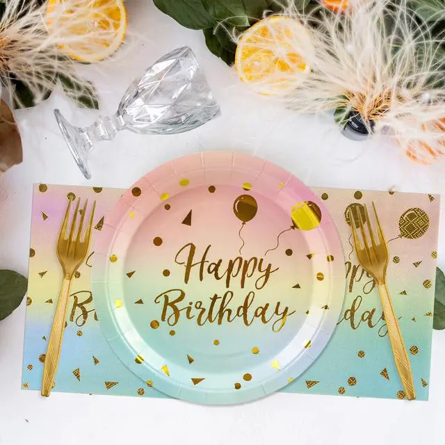 Alt view image 5 of 7 - 48PCS Happy Birthday Plates and Napkins Party Supplies, Colorful and Gold Disposable Paper Plates and Napkins with Forks Tableware Set for Birthday Party Decorations 16 Guests (Colorful)