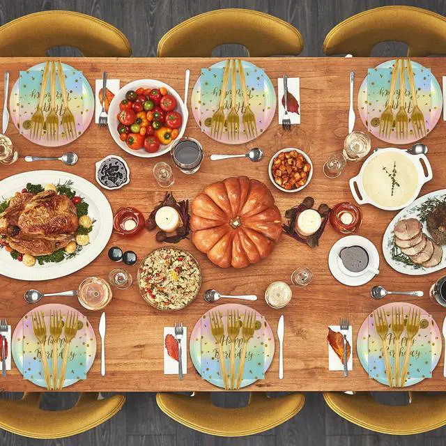 Alt view image 7 of 7 - 48PCS Happy Birthday Plates and Napkins Party Supplies, Colorful and Gold Disposable Paper Plates and Napkins with Forks Tableware Set for Birthday Party Decorations 16 Guests (Colorful)