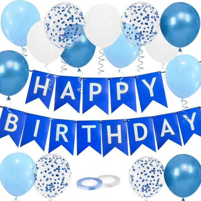 Main image of Happy Birthday Banner, Blue Birthday Decoration, 16 Pcs 12in Balloons with 2 Ribbons for Boys and Men Any Ages Party Decoration