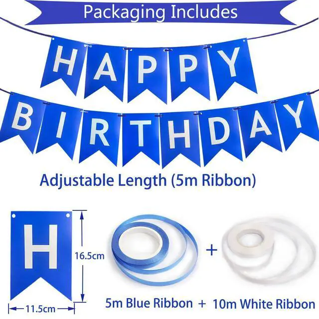 Alt view image 2 of 7 - Happy Birthday Banner, Blue Birthday Decoration, 16 Pcs 12in Balloons with 2 Ribbons for Boys and Men Any Ages Party Decoration