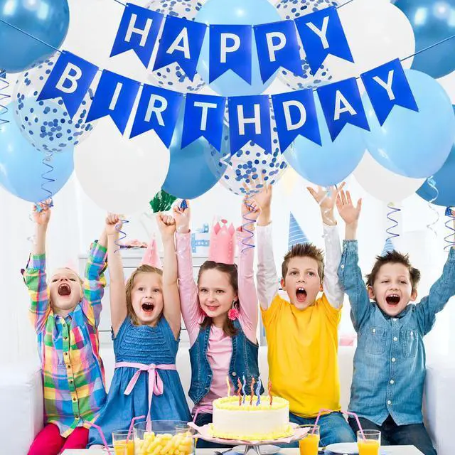 Alt view image 4 of 7 - Happy Birthday Banner, Blue Birthday Decoration, 16 Pcs 12in Balloons with 2 Ribbons for Boys and Men Any Ages Party Decoration