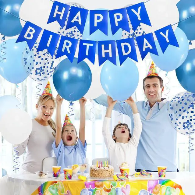 Alt view image 5 of 7 - Happy Birthday Banner, Blue Birthday Decoration, 16 Pcs 12in Balloons with 2 Ribbons for Boys and Men Any Ages Party Decoration