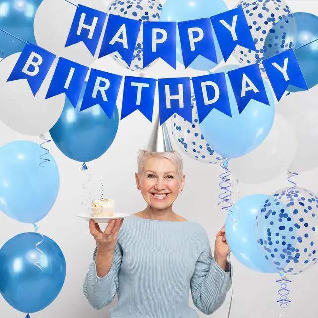 Alt view image 7 of 7 - Happy Birthday Banner, Blue Birthday Decoration, 16 Pcs 12in Balloons with 2 Ribbons for Boys and Men Any Ages Party Decoration