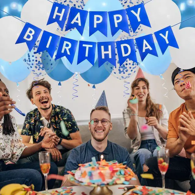 Alt view image 6 of 7 - Happy Birthday Banner, Blue Birthday Decoration, 16 Pcs 12in Balloons with 2 Ribbons for Boys and Men Any Ages Party Decoration