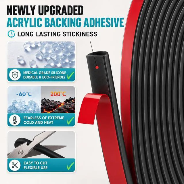 Alt view image 3 of 6 - 20FT Weather Stripping Door Seal, Self-Adhesive Silicone D-Shaped Seal Strip for Door Frame & Window Gaps, Soundproof Insulation Gap Filler