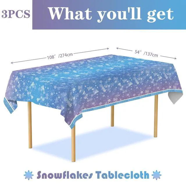 Alt view image 2 of 6 - OTTPOOM 3 Pieces Frozen Plastic Tablecloth Frozen Birthday Party Decorations Winter Snowflake Table Cover for Christmas Winter Wonderland Decorations Supplies, 54 X 108 Inch