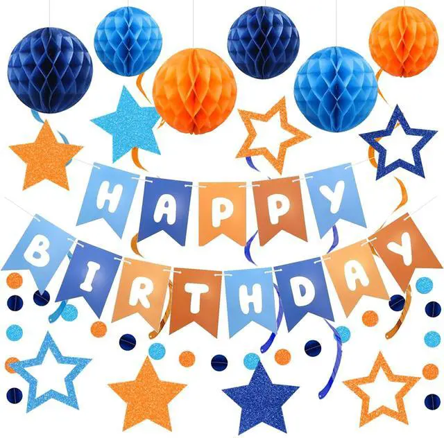 Main image of Pre-Strung Happy Birthday Decorations for Boys Men Women, Orange Blue Birthday Banner with Honeycomb Balls, Stars Hanging Swirl Streamers, Circle Dots Garland