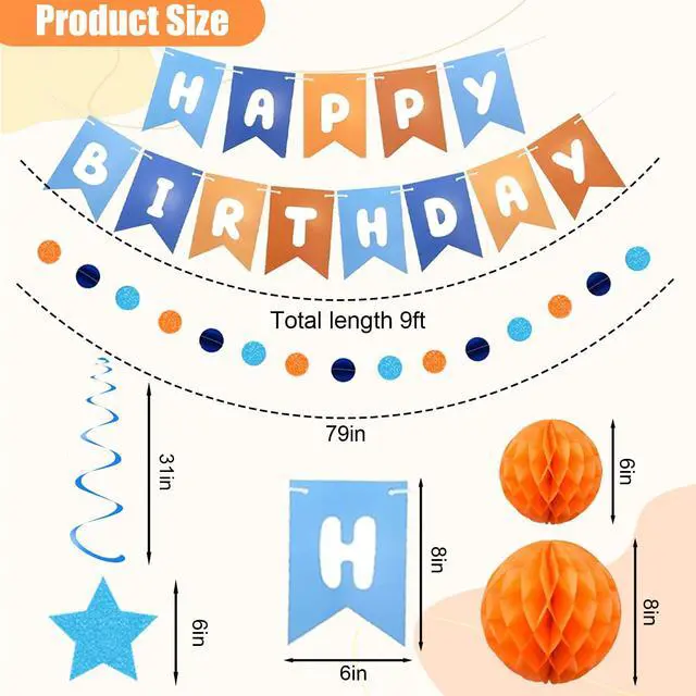 Alt view image 2 of 7 - Pre-Strung Happy Birthday Decorations for Boys Men Women, Orange Blue Birthday Banner with Honeycomb Balls, Stars Hanging Swirl Streamers, Circle Dots Garland