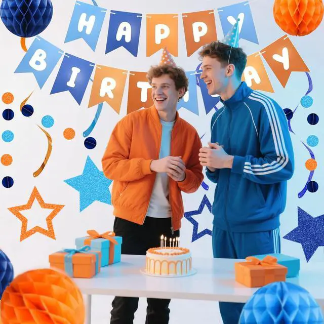 Alt view image 4 of 7 - Pre-Strung Happy Birthday Decorations for Boys Men Women, Orange Blue Birthday Banner with Honeycomb Balls, Stars Hanging Swirl Streamers, Circle Dots Garland