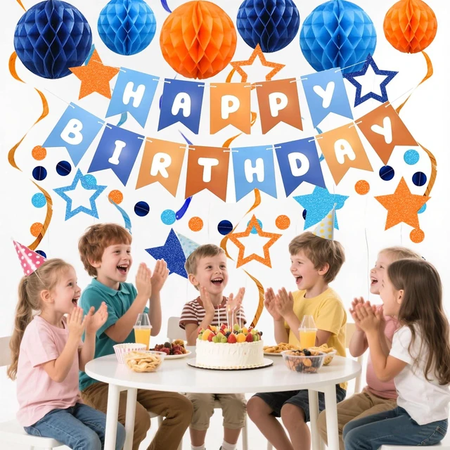 Alt view image 5 of 7 - Pre-Strung Happy Birthday Decorations for Boys Men Women, Orange Blue Birthday Banner with Honeycomb Balls, Stars Hanging Swirl Streamers, Circle Dots Garland