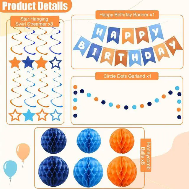 Alt view image 3 of 7 - Pre-Strung Happy Birthday Decorations for Boys Men Women, Orange Blue Birthday Banner with Honeycomb Balls, Stars Hanging Swirl Streamers, Circle Dots Garland