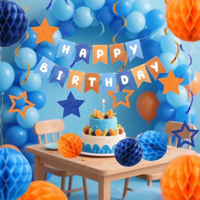 Alt view image 6 of 7 - Pre-Strung Happy Birthday Decorations for Boys Men Women, Orange Blue Birthday Banner with Honeycomb Balls, Stars Hanging Swirl Streamers, Circle Dots Garland