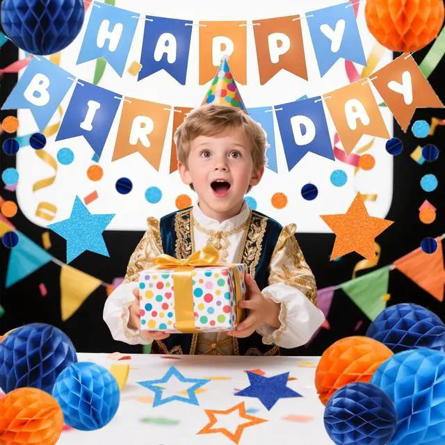 Alt view image 7 of 7 - Pre-Strung Happy Birthday Decorations for Boys Men Women, Orange Blue Birthday Banner with Honeycomb Balls, Stars Hanging Swirl Streamers, Circle Dots Garland