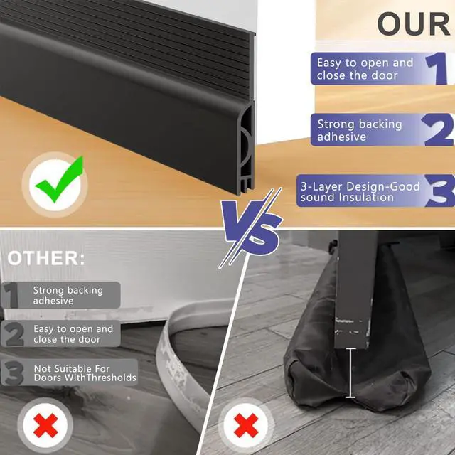 Alt view image 5 of 7 - Door Draft Stopper,Adjustable Door Sweep for Bottom of Door,Silicone Weather Stripping Door Bottom Seal Blocker Air Noise,Under Door Gap Filler for Interior/Exterior Doors(Black, 39inch)