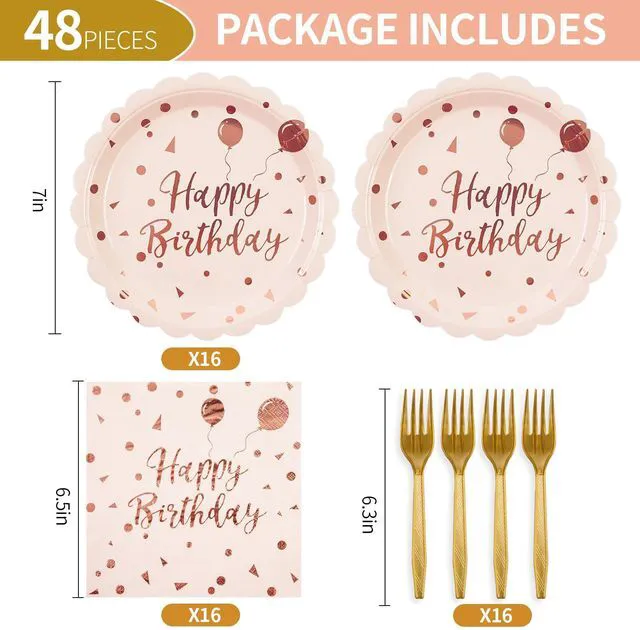 Alt view image 2 of 4 - 48PCS Happy Birthday Plates and Napkins Party Supplies-Disposable Pink and Gold Scalloped Dessert Cake Plates Napkins Forks Tableware Set for Birthday Wedding Baby Shower Party Decoration 16 Guests