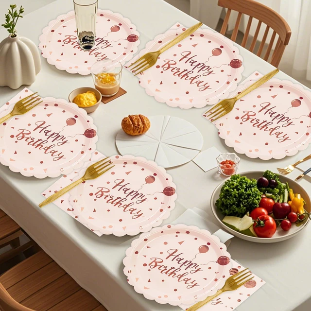 Alt view image 4 of 4 - 48PCS Happy Birthday Plates and Napkins Party Supplies-Disposable Pink and Gold Scalloped Dessert Cake Plates Napkins Forks Tableware Set for Birthday Wedding Baby Shower Party Decoration 16 Guests