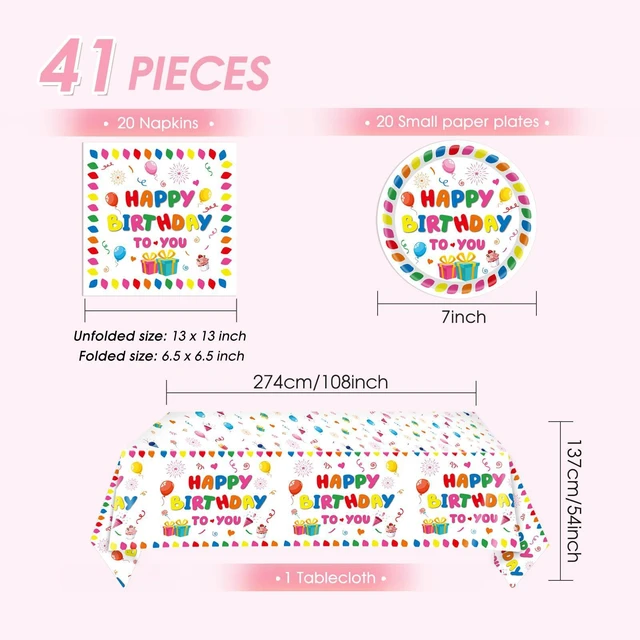 Alt view image 2 of 5 - 41Pcs Happy Birthday Plates and Napkins Set Colorful Theme Tableware Include Paper Plates Napkins TableclothBoys Girls Birthday Party Baby Shower Rainbow Multicolor Balloons Decor Supplies,Serves 20