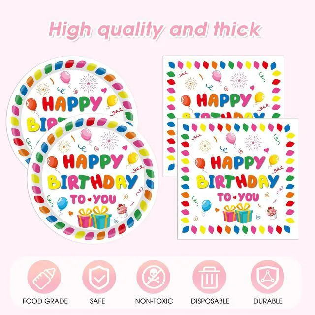 Alt view image 4 of 5 - 41Pcs Happy Birthday Plates and Napkins Set Colorful Theme Tableware Include Paper Plates Napkins TableclothBoys Girls Birthday Party Baby Shower Rainbow Multicolor Balloons Decor Supplies,Serves 20