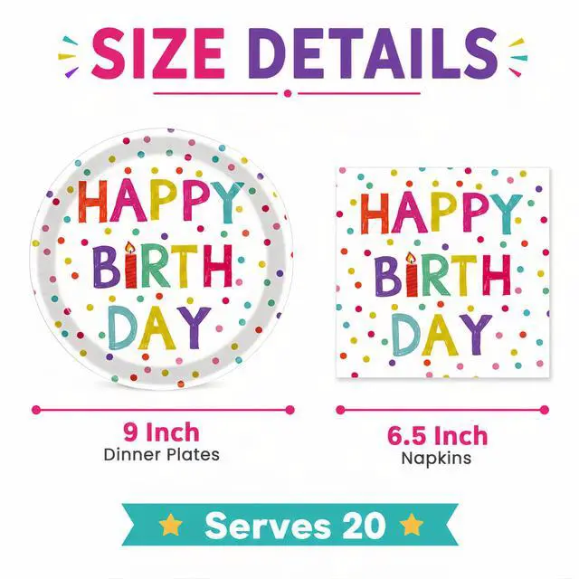 Alt view image 2 of 7 - 40 Pcs Birthday Plates and Napkins Set, Large 9 Inch Party Plates | 20 Plates and 20 Napkins for Birthday Dinner, Pizza, Burgers, Cake, Colorful Parties and Family Celebrations