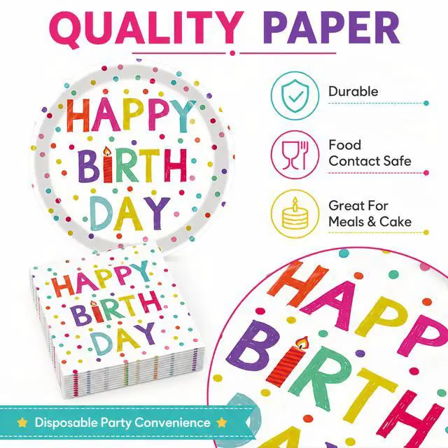 Alt view image 4 of 7 - 40 Pcs Birthday Plates and Napkins Set, Large 9 Inch Party Plates | 20 Plates and 20 Napkins for Birthday Dinner, Pizza, Burgers, Cake, Colorful Parties and Family Celebrations