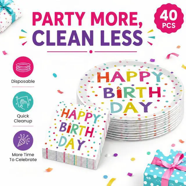 Alt view image 5 of 7 - 40 Pcs Birthday Plates and Napkins Set, Large 9 Inch Party Plates | 20 Plates and 20 Napkins for Birthday Dinner, Pizza, Burgers, Cake, Colorful Parties and Family Celebrations