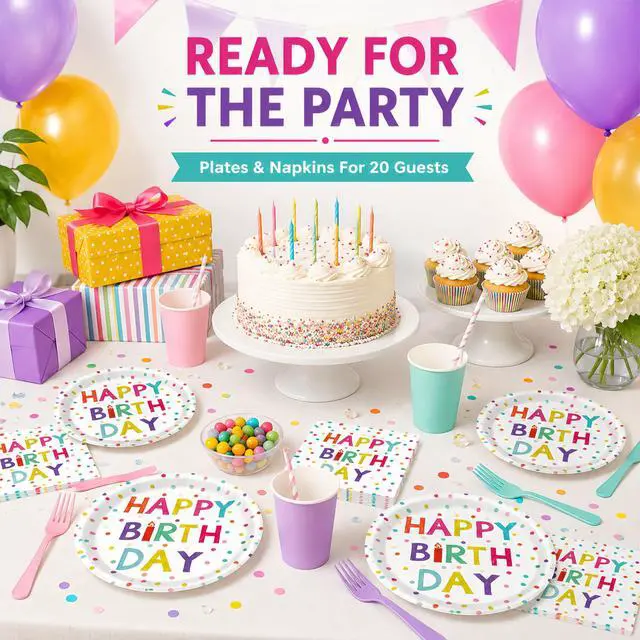 Alt view image 7 of 7 - 40 Pcs Birthday Plates and Napkins Set, Large 9 Inch Party Plates | 20 Plates and 20 Napkins for Birthday Dinner, Pizza, Burgers, Cake, Colorful Parties and Family Celebrations