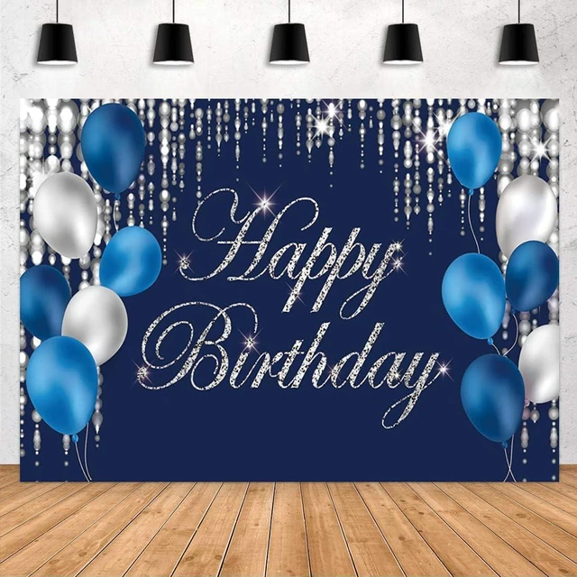 Main image of Navy Bluey and Silver Happy Birthday Backdrop Banner Sign for Favor Men Women Retirement Photography Background Party Decorations Supplies 6x3.6ft