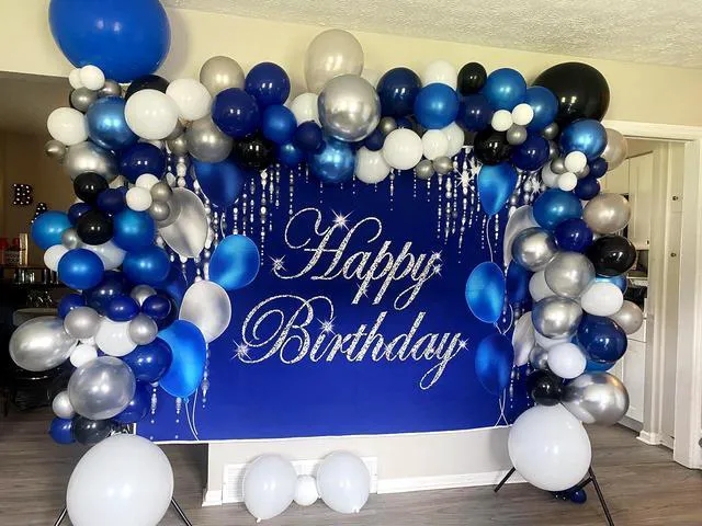 Alt view image 2 of 3 - Navy Bluey and Silver Happy Birthday Backdrop Banner Sign for Favor Men Women Retirement Photography Background Party Decorations Supplies 6x3.6ft
