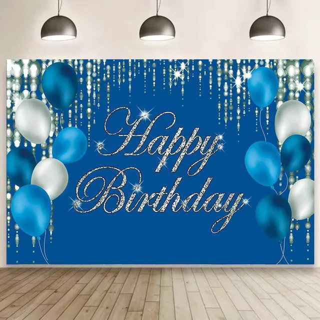 Alt view image 3 of 3 - Navy Bluey and Silver Happy Birthday Backdrop Banner Sign for Favor Men Women Retirement Photography Background Party Decorations Supplies 6x3.6ft