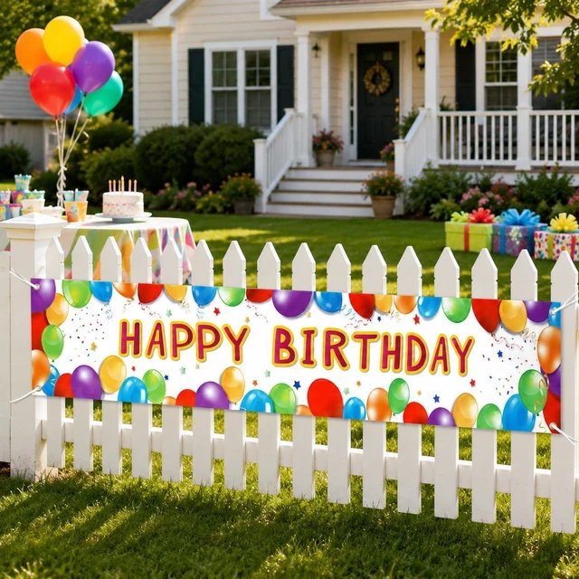 Alt view image 4 of 7 - Happy Birthday Banner Balloon Sign Huge Party Supplies 6 Feet | Birthday Party Decoration Supplies Colorful Fence Outdoor Giant Flags Photo Prop Backdrop Outside