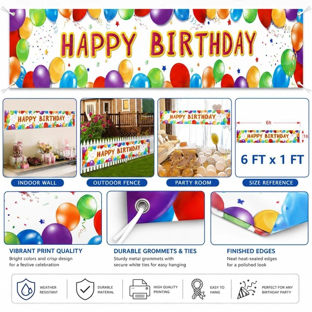 Alt view image 6 of 7 - Happy Birthday Banner Balloon Sign Huge Party Supplies 6 Feet | Birthday Party Decoration Supplies Colorful Fence Outdoor Giant Flags Photo Prop Backdrop Outside