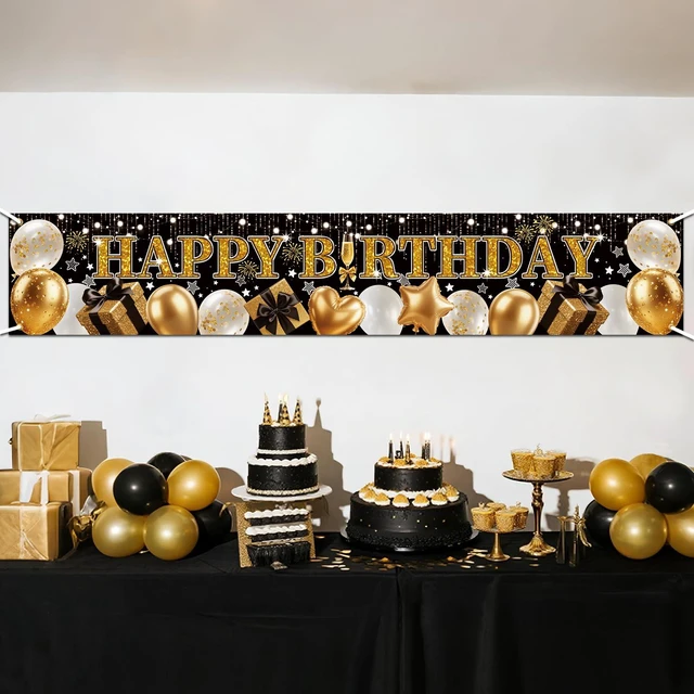 Alt view image 3 of 7 - Black Gold Glitter Happy Birthday Banner, 70.8x13 Inch | Elegant Balloon & Star Sparkle Design, Reusable Fabric Sign with Grommets, Premium Party Decor, For Wall Door Indoor Outdoor