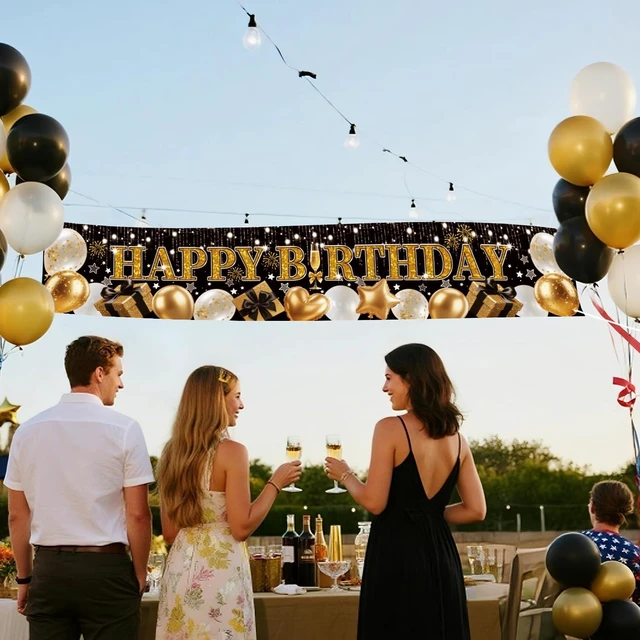 Alt view image 4 of 7 - Black Gold Glitter Happy Birthday Banner, 70.8x13 Inch | Elegant Balloon & Star Sparkle Design, Reusable Fabric Sign with Grommets, Premium Party Decor, For Wall Door Indoor Outdoor