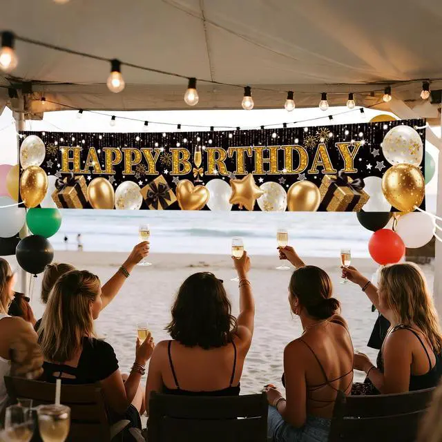 Alt view image 5 of 7 - Black Gold Glitter Happy Birthday Banner, 70.8x13 Inch | Elegant Balloon & Star Sparkle Design, Reusable Fabric Sign with Grommets, Premium Party Decor, For Wall Door Indoor Outdoor