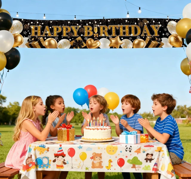 Alt view image 6 of 7 - Black Gold Glitter Happy Birthday Banner, 70.8x13 Inch | Elegant Balloon & Star Sparkle Design, Reusable Fabric Sign with Grommets, Premium Party Decor, For Wall Door Indoor Outdoor