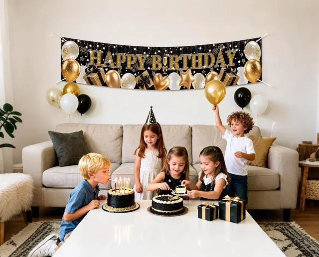 Alt view image 7 of 7 - Black Gold Glitter Happy Birthday Banner, 70.8x13 Inch | Elegant Balloon & Star Sparkle Design, Reusable Fabric Sign with Grommets, Premium Party Decor, For Wall Door Indoor Outdoor
