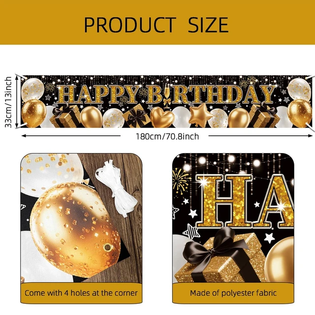 Alt view image 2 of 7 - Black Gold Glitter Happy Birthday Banner, 70.8x13 Inch | Elegant Balloon & Star Sparkle Design, Reusable Fabric Sign with Grommets, Premium Party Decor, For Wall Door Indoor Outdoor