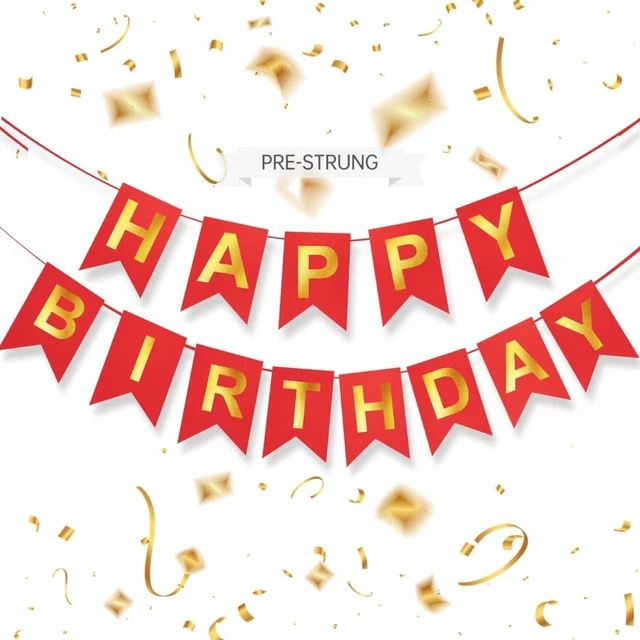 Main image of Red Happy Birthday Banner - 16 ft Pre-Strung Gold & Red Birthday Party Decorations Sign for Girls, Boys, Kids, Women - No DIY Hanging Backdrop for Indoor & Outdoor Celebrations