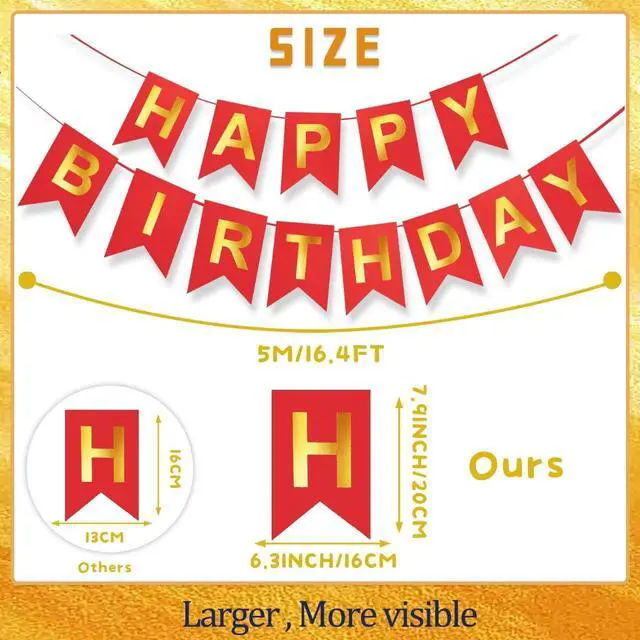 Alt view image 3 of 6 - Red Happy Birthday Banner - 16 ft Pre-Strung Gold & Red Birthday Party Decorations Sign for Girls, Boys, Kids, Women - No DIY Hanging Backdrop for Indoor & Outdoor Celebrations