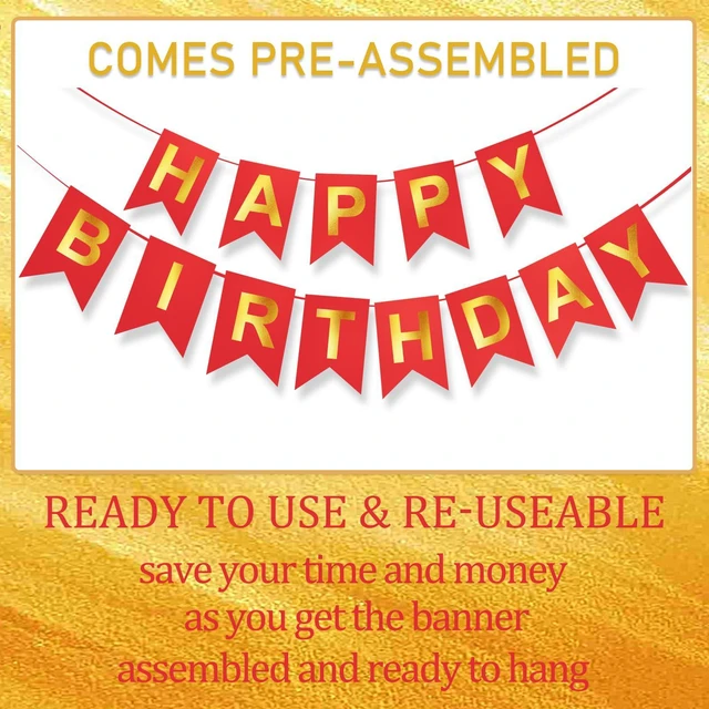 Alt view image 4 of 6 - Red Happy Birthday Banner - 16 ft Pre-Strung Gold & Red Birthday Party Decorations Sign for Girls, Boys, Kids, Women - No DIY Hanging Backdrop for Indoor & Outdoor Celebrations