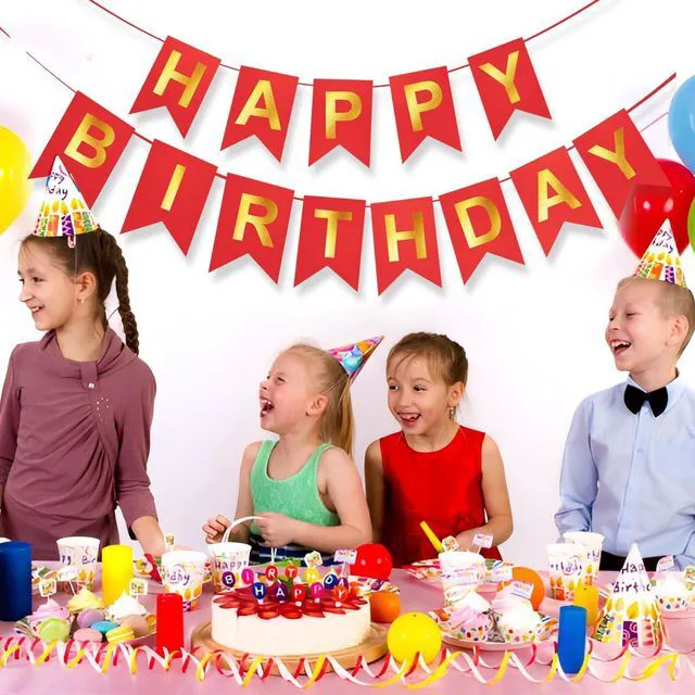 Alt view image 5 of 6 - Red Happy Birthday Banner - 16 ft Pre-Strung Gold & Red Birthday Party Decorations Sign for Girls, Boys, Kids, Women - No DIY Hanging Backdrop for Indoor & Outdoor Celebrations