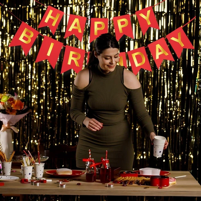 Alt view image 6 of 6 - Red Happy Birthday Banner - 16 ft Pre-Strung Gold & Red Birthday Party Decorations Sign for Girls, Boys, Kids, Women - No DIY Hanging Backdrop for Indoor & Outdoor Celebrations