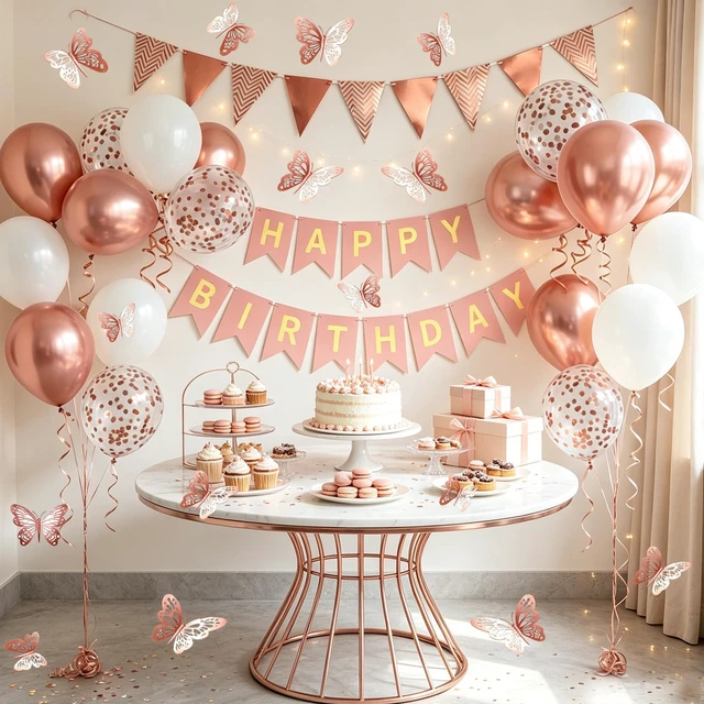 Alt view image 2 of 6 - Rose Gold Birthday Decorations Women, Happy Birthday Banner for Girls Party Decorations with Balloons, Pennant Banner Flags and Rose Gold Butterfly Decorations
