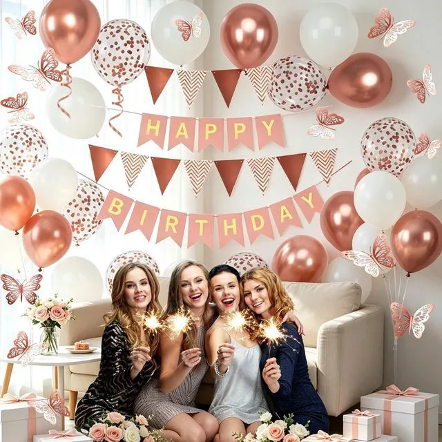 Alt view image 3 of 6 - Rose Gold Birthday Decorations Women, Happy Birthday Banner for Girls Party Decorations with Balloons, Pennant Banner Flags and Rose Gold Butterfly Decorations