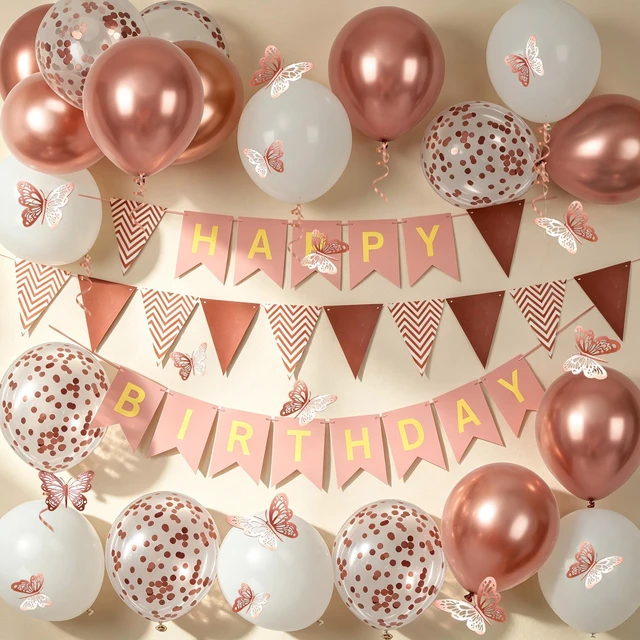 Alt view image 4 of 6 - Rose Gold Birthday Decorations Women, Happy Birthday Banner for Girls Party Decorations with Balloons, Pennant Banner Flags and Rose Gold Butterfly Decorations